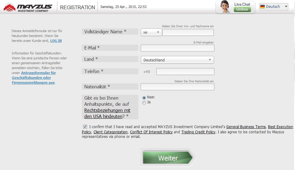 Das Formular zur Eröffnung eines Live-Kontos bei Mayzus